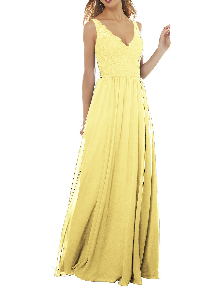 Lace Column V-Neck Sleeveless Bridesmaid Dress-MB53639