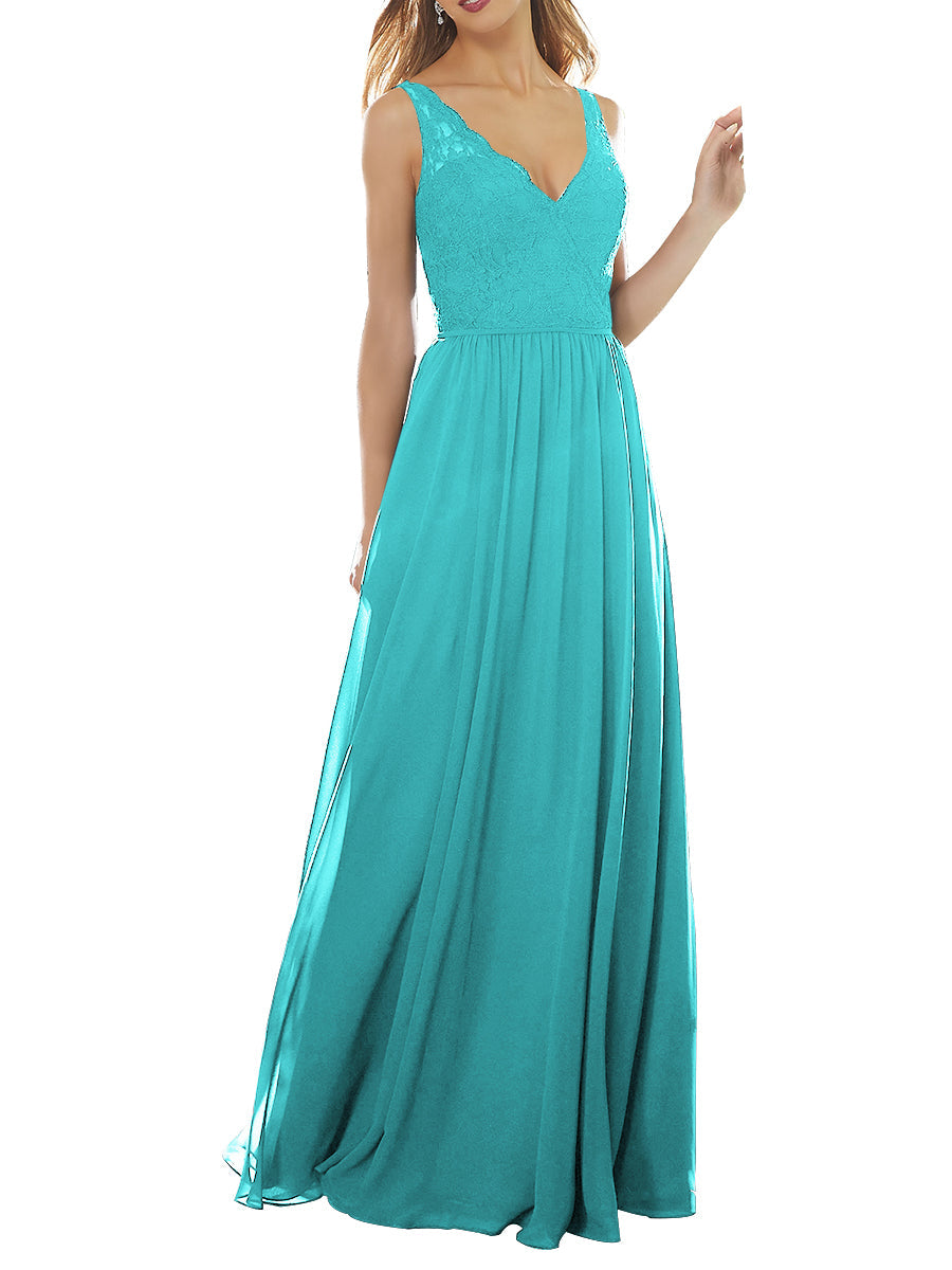 Lace Column V-Neck Sleeveless Bridesmaid Dress-MB53639