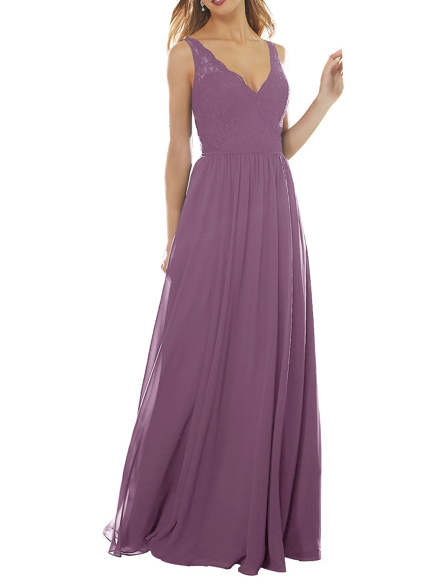 Lace Column V-Neck Sleeveless Bridesmaid Dress-MB53639