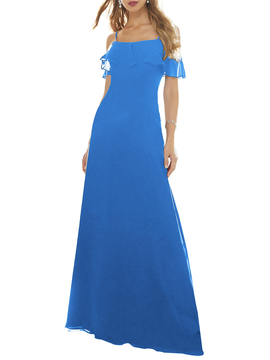 Chiffon Column Off the Shoulder Short Sleeves Bridesmaid Dress-MB53640