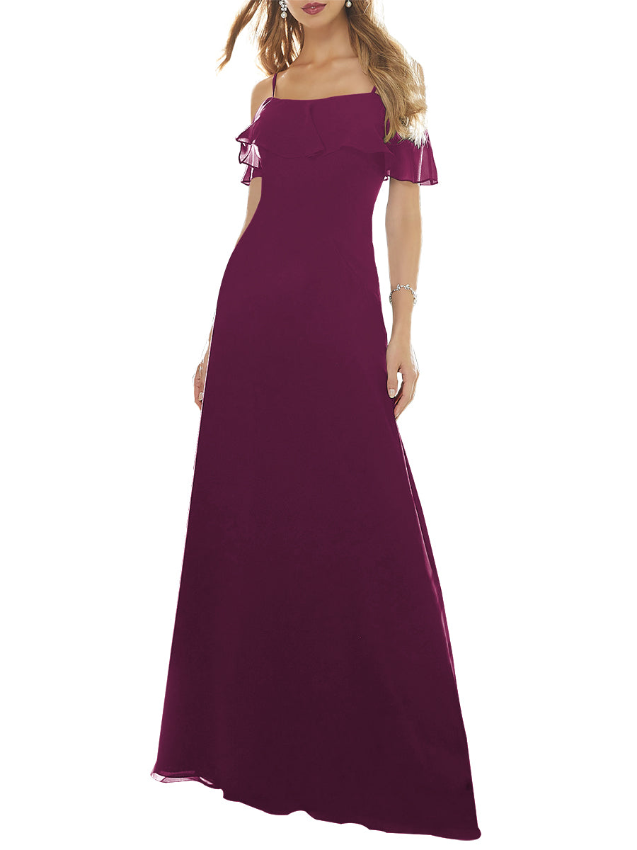 Chiffon Column Off the Shoulder Short Sleeves Bridesmaid Dress-MB53640