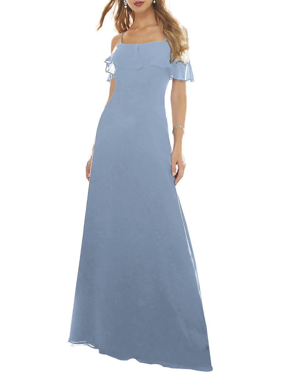 Chiffon Column Off the Shoulder Short Sleeves Bridesmaid Dress-MB53640