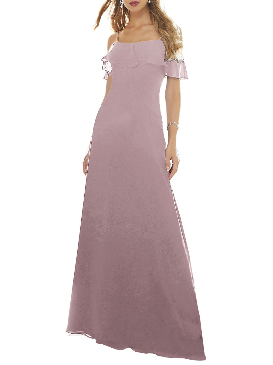 Chiffon Column Off the Shoulder Short Sleeves Bridesmaid Dress-MB53640