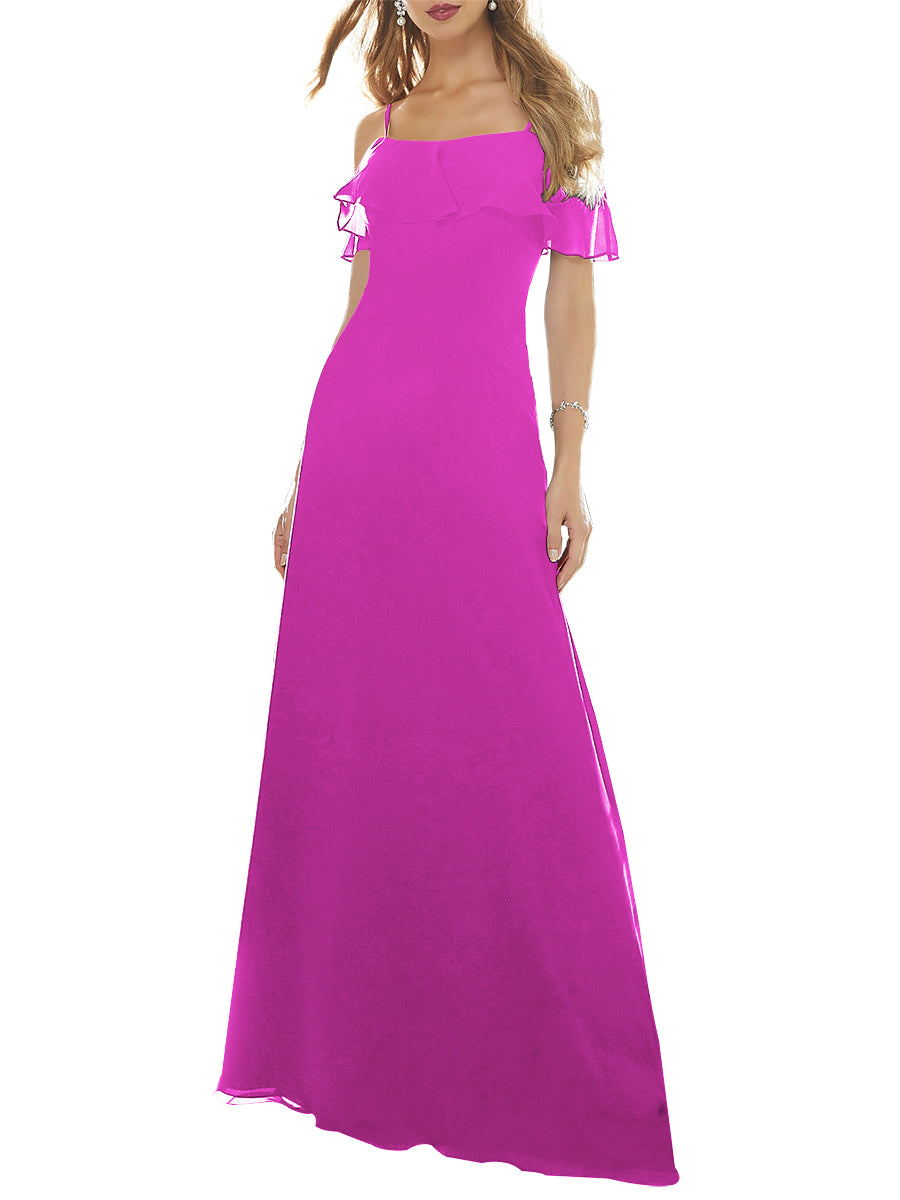 Chiffon Column Off the Shoulder Short Sleeves Bridesmaid Dress-MB53640