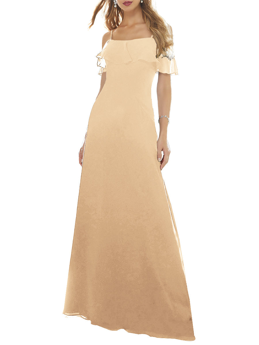 Chiffon Column Off the Shoulder Short Sleeves Bridesmaid Dress-MB53640