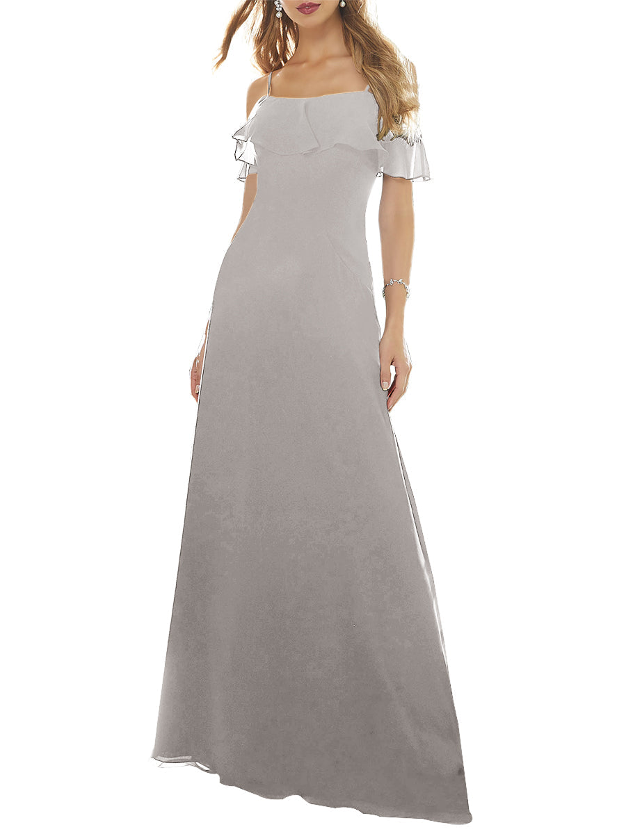 Chiffon Column Off the Shoulder Short Sleeves Bridesmaid Dress-MB53640