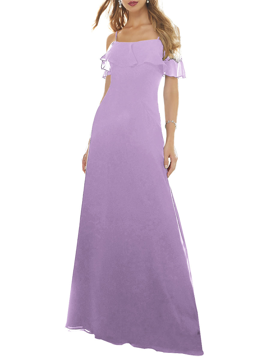Chiffon Column Off the Shoulder Short Sleeves Bridesmaid Dress-MB53640