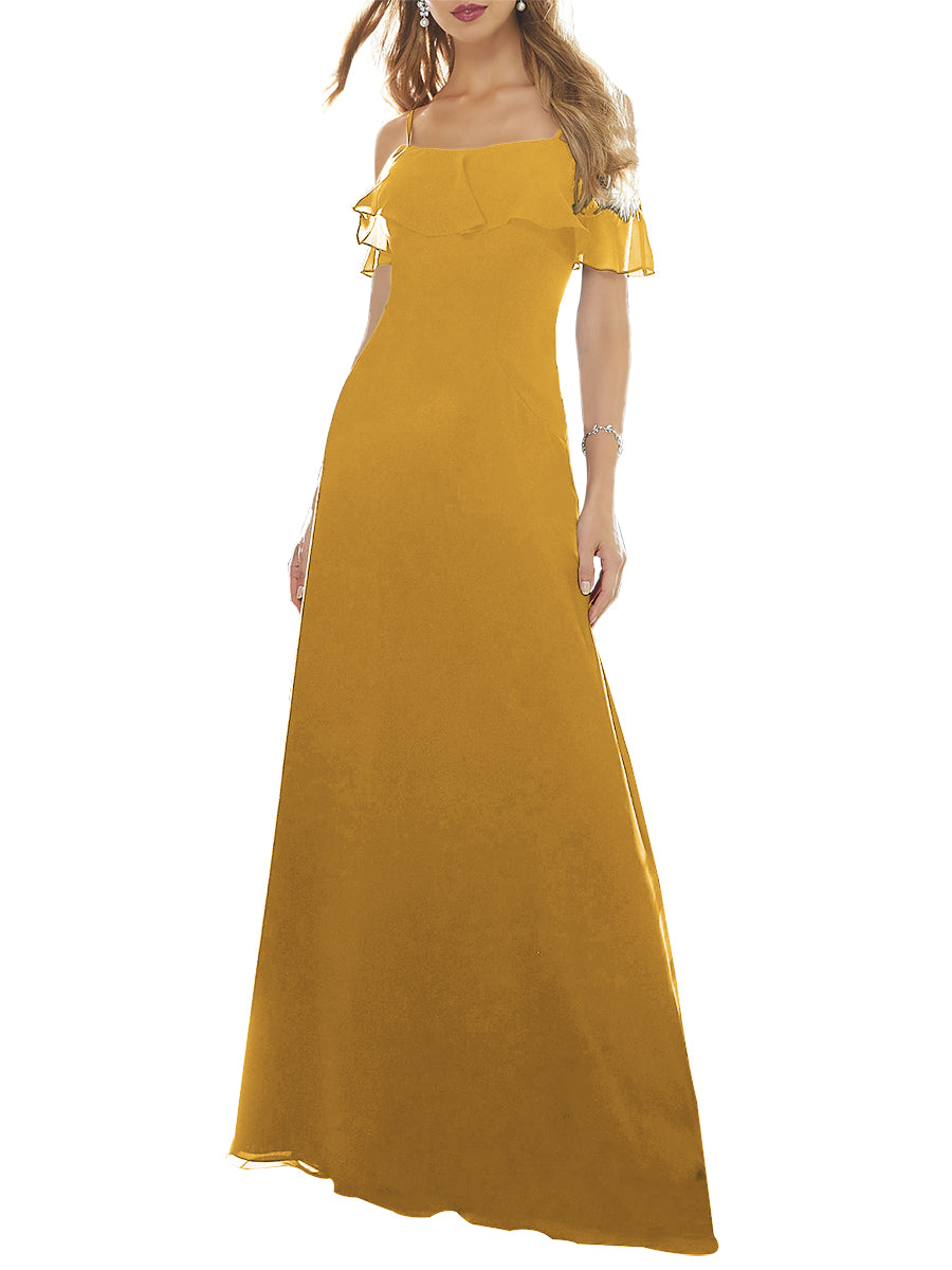 Chiffon Column Off the Shoulder Short Sleeves Bridesmaid Dress-MB53640