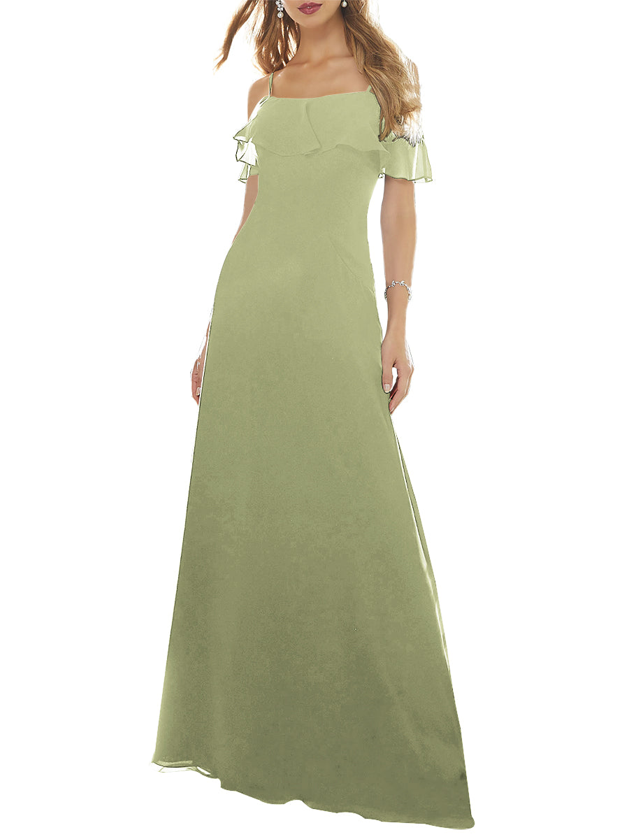 Chiffon Column Off the Shoulder Short Sleeves Bridesmaid Dress-MB53640