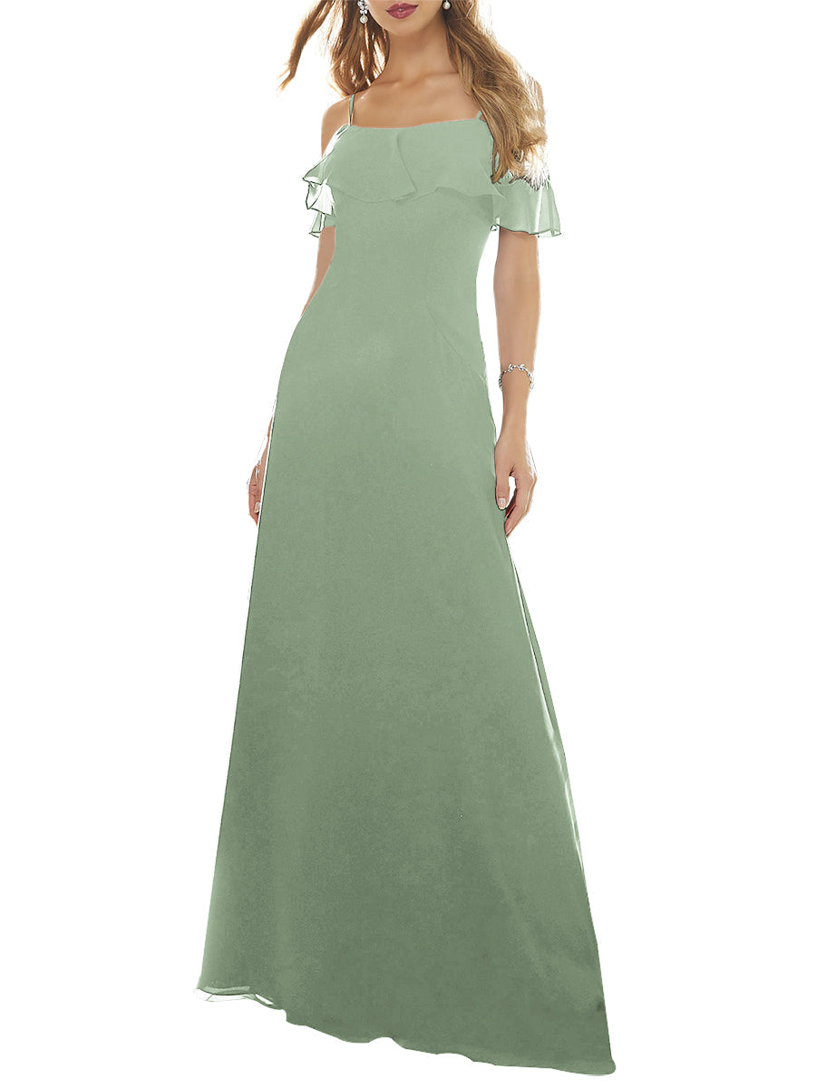 Chiffon Column Off the Shoulder Short Sleeves Bridesmaid Dress-MB53640