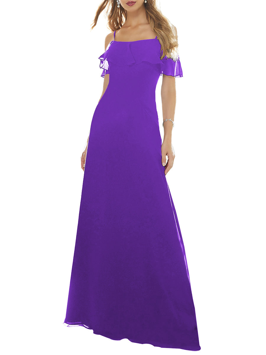 Chiffon Column Off the Shoulder Short Sleeves Bridesmaid Dress-MB53640