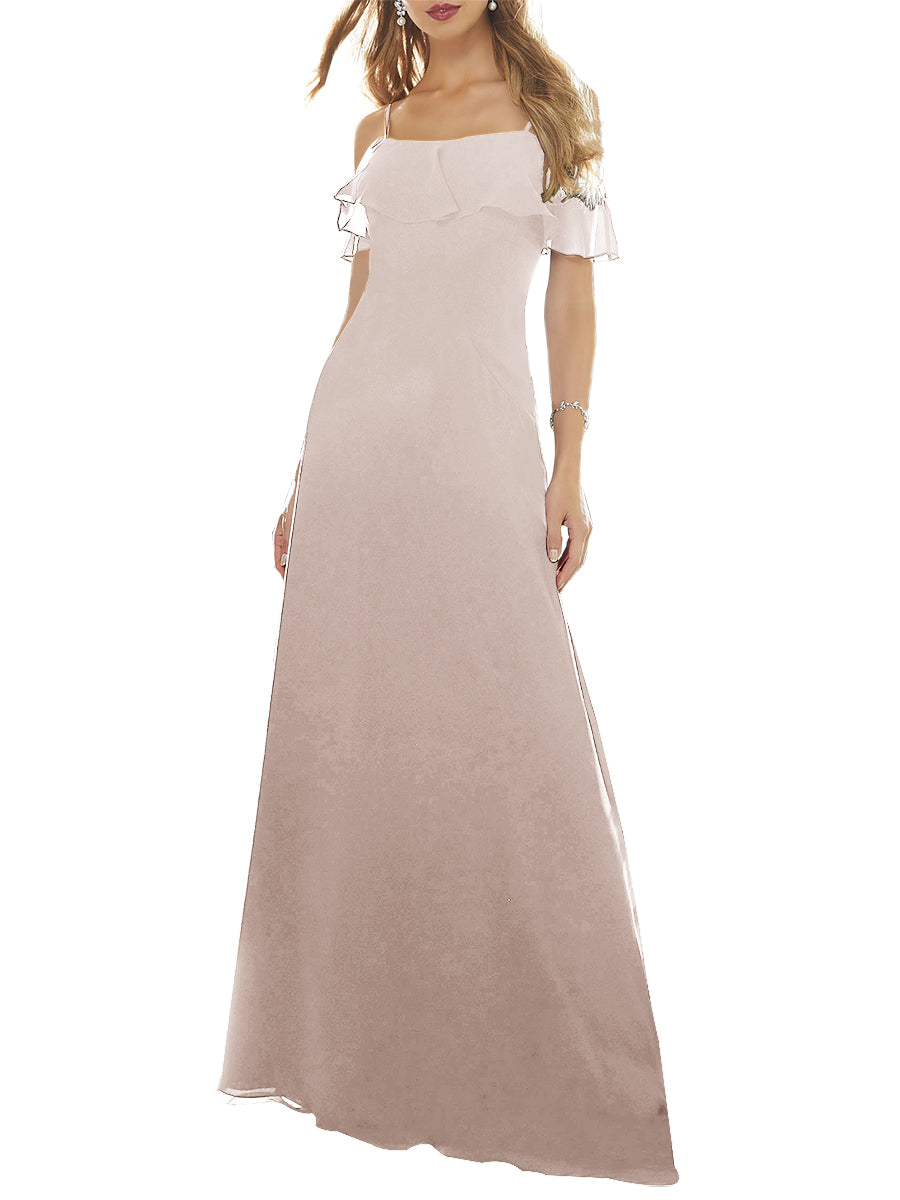 Chiffon Column Off the Shoulder Short Sleeves Bridesmaid Dress-MB53640