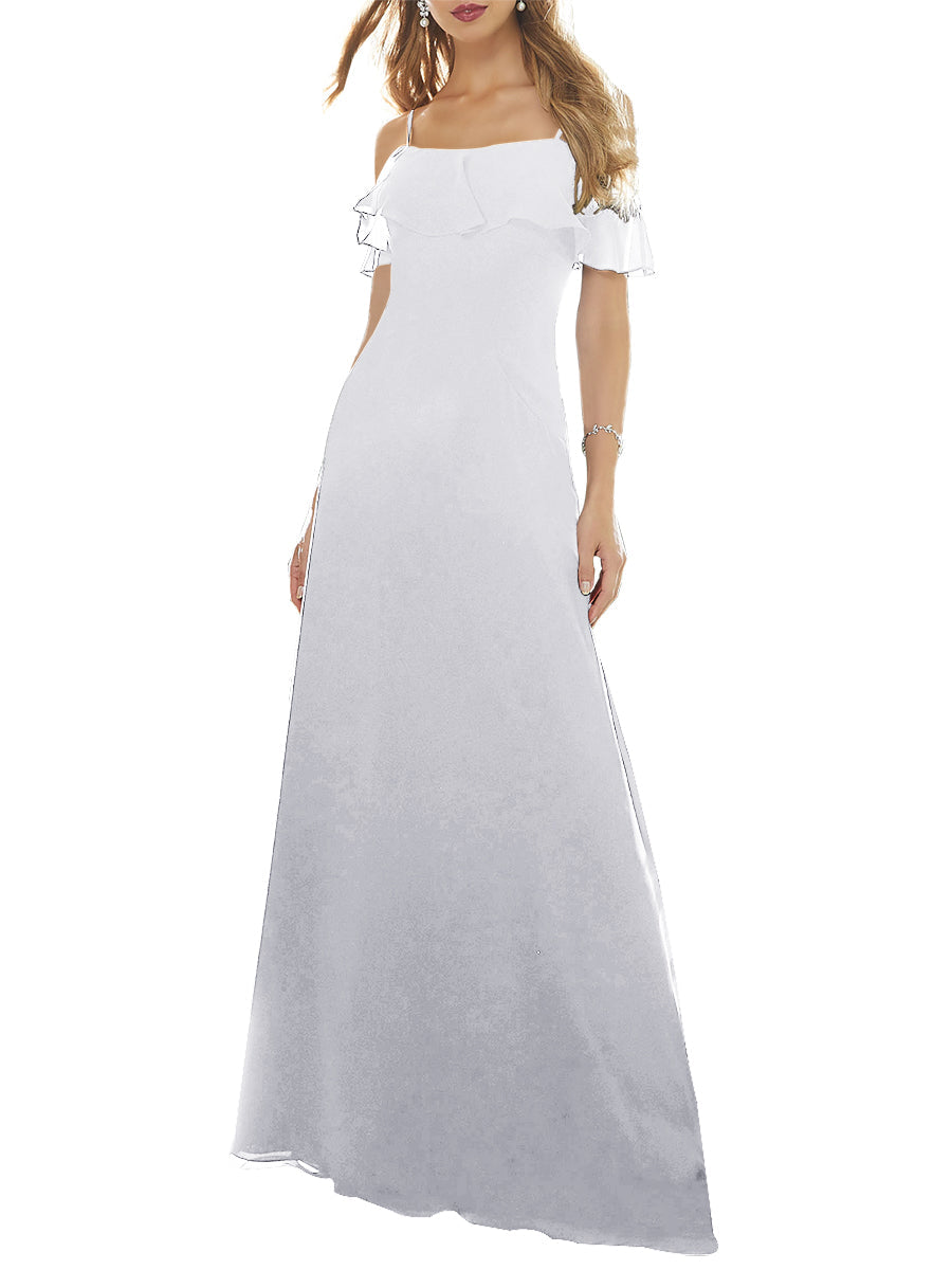 Chiffon Column Off the Shoulder Short Sleeves Bridesmaid Dress-MB53640