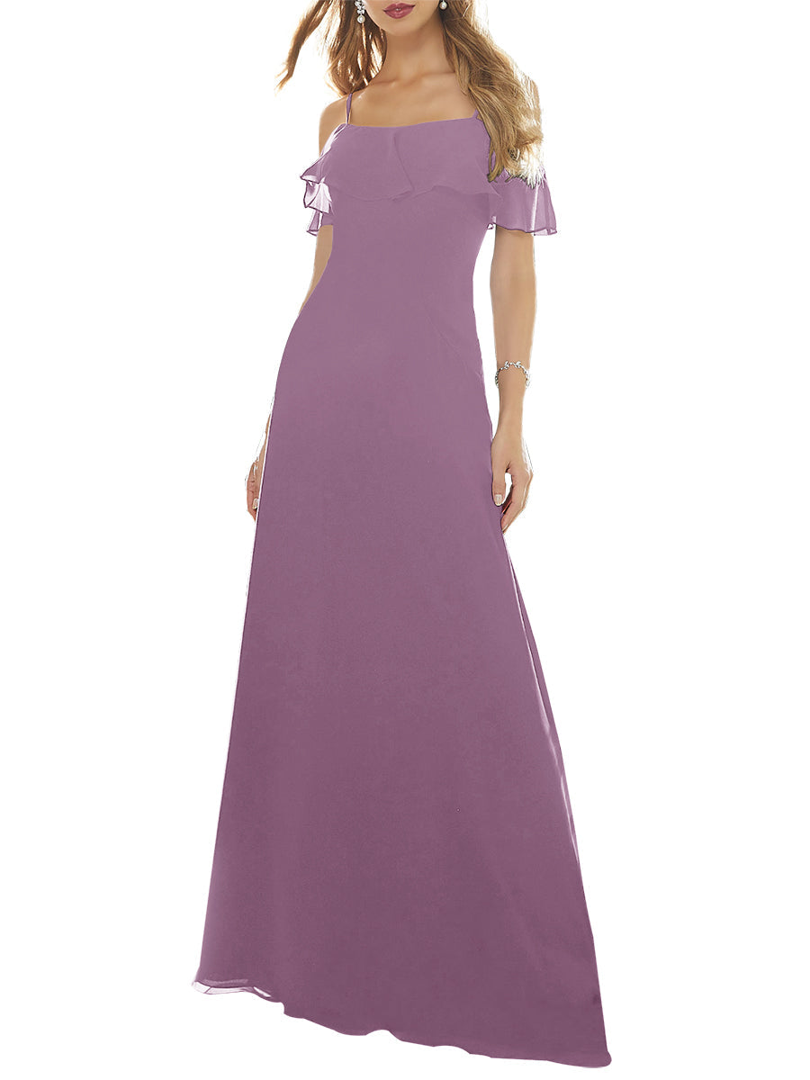 Chiffon Column Off the Shoulder Short Sleeves Bridesmaid Dress-MB53640