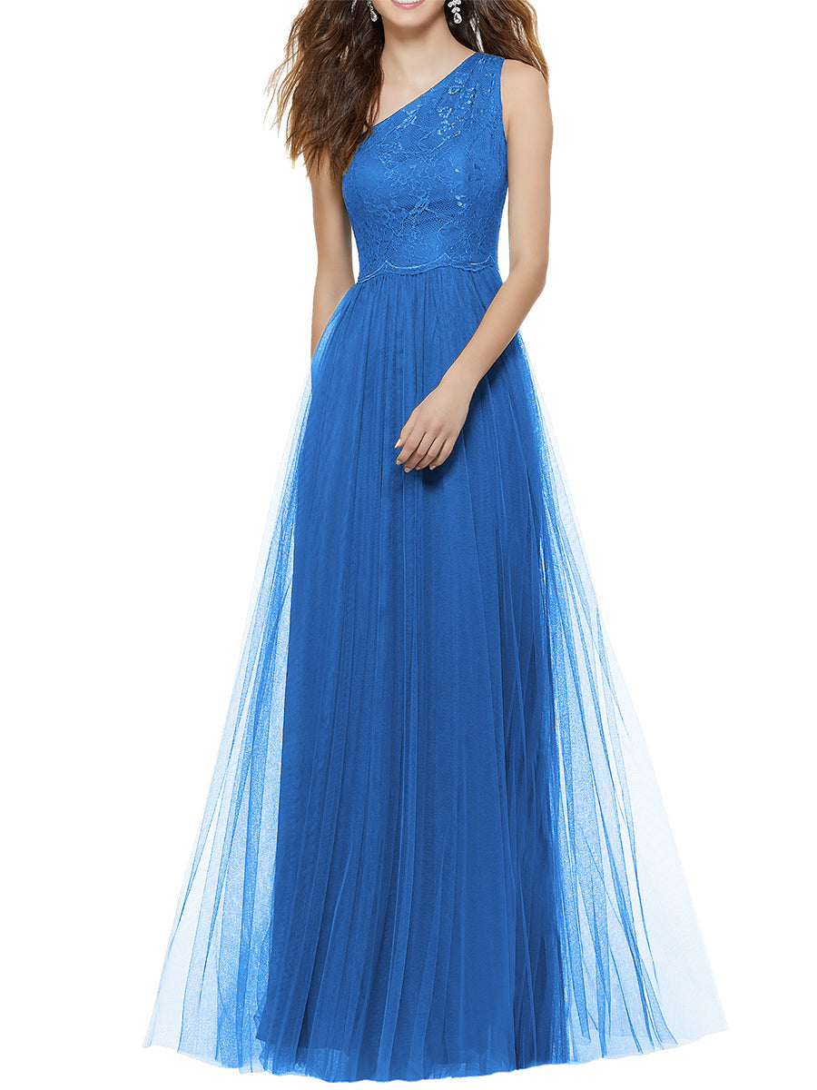 Lace Column One Shoulder Sleeveless Bridesmaid Dress-MB53641