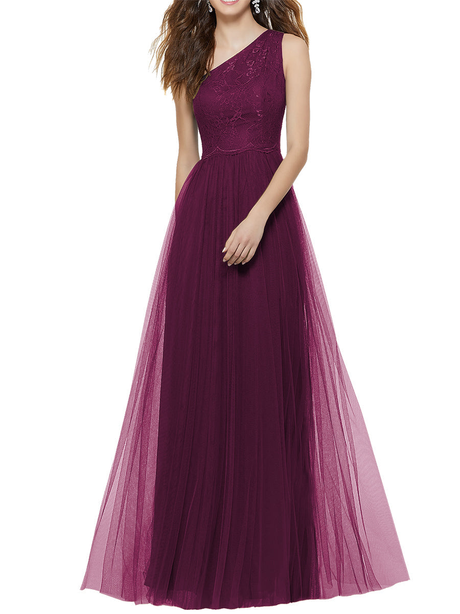 Lace Column One Shoulder Sleeveless Bridesmaid Dress-MB53641