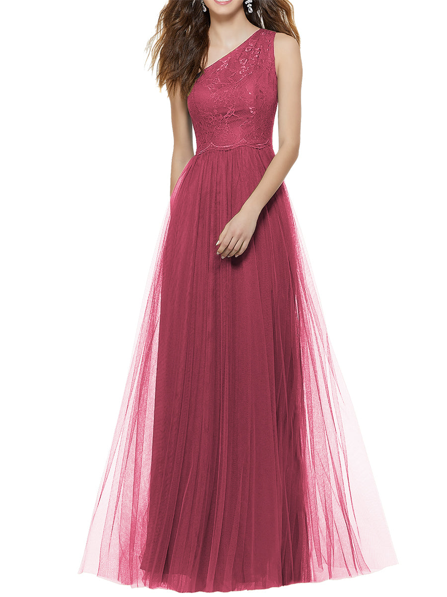 Lace Column One Shoulder Sleeveless Bridesmaid Dress-MB53641