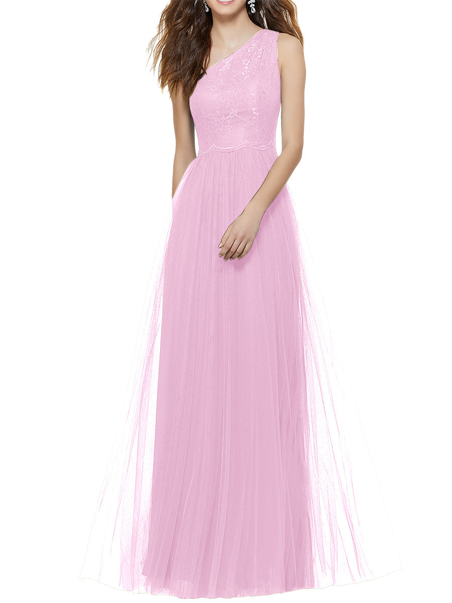 Lace Column One Shoulder Sleeveless Bridesmaid Dress-MB53641