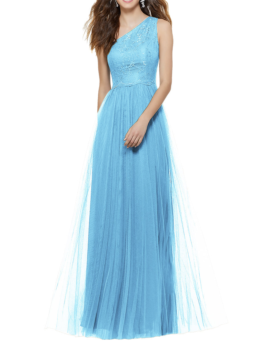 Lace Column One Shoulder Sleeveless Bridesmaid Dress-MB53641