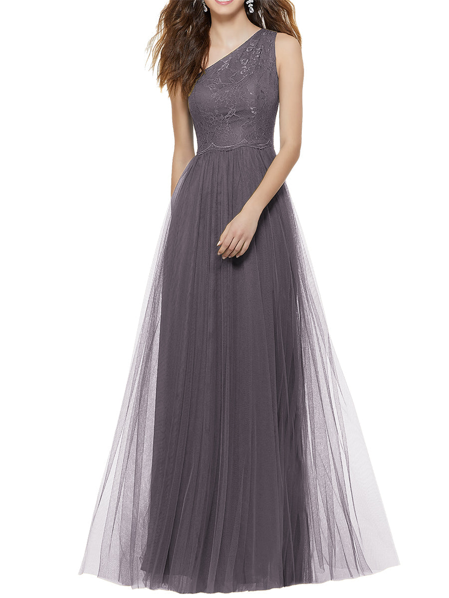 Lace Column One Shoulder Sleeveless Bridesmaid Dress-MB53641
