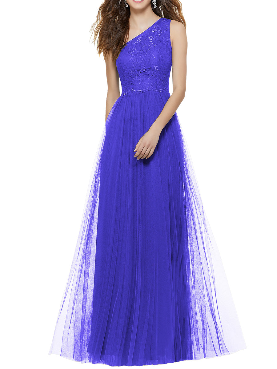 Lace Column One Shoulder Sleeveless Bridesmaid Dress-MB53641