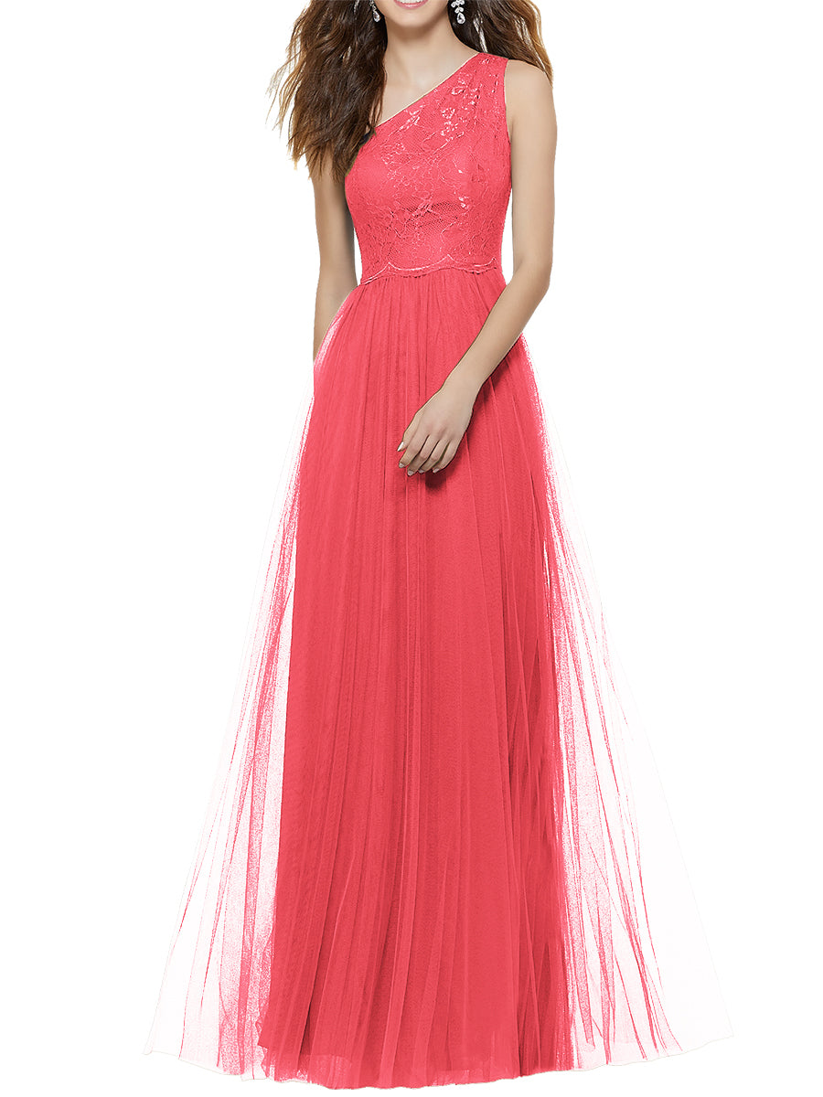Lace Column One Shoulder Sleeveless Bridesmaid Dress-MB53641