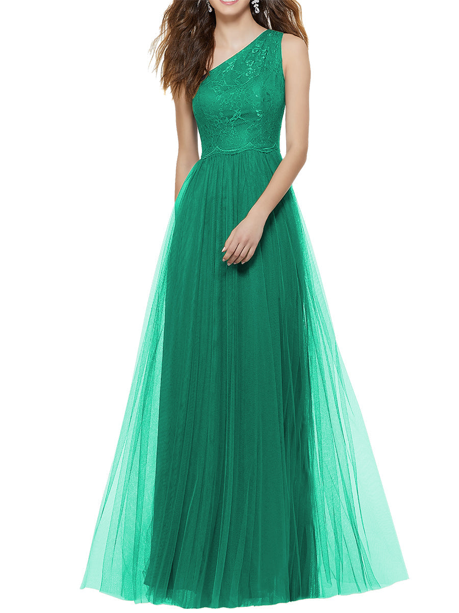 Lace Column One Shoulder Sleeveless Bridesmaid Dress-MB53641