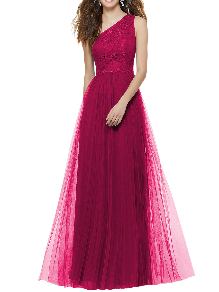 Lace Column One Shoulder Sleeveless Bridesmaid Dress-MB53641