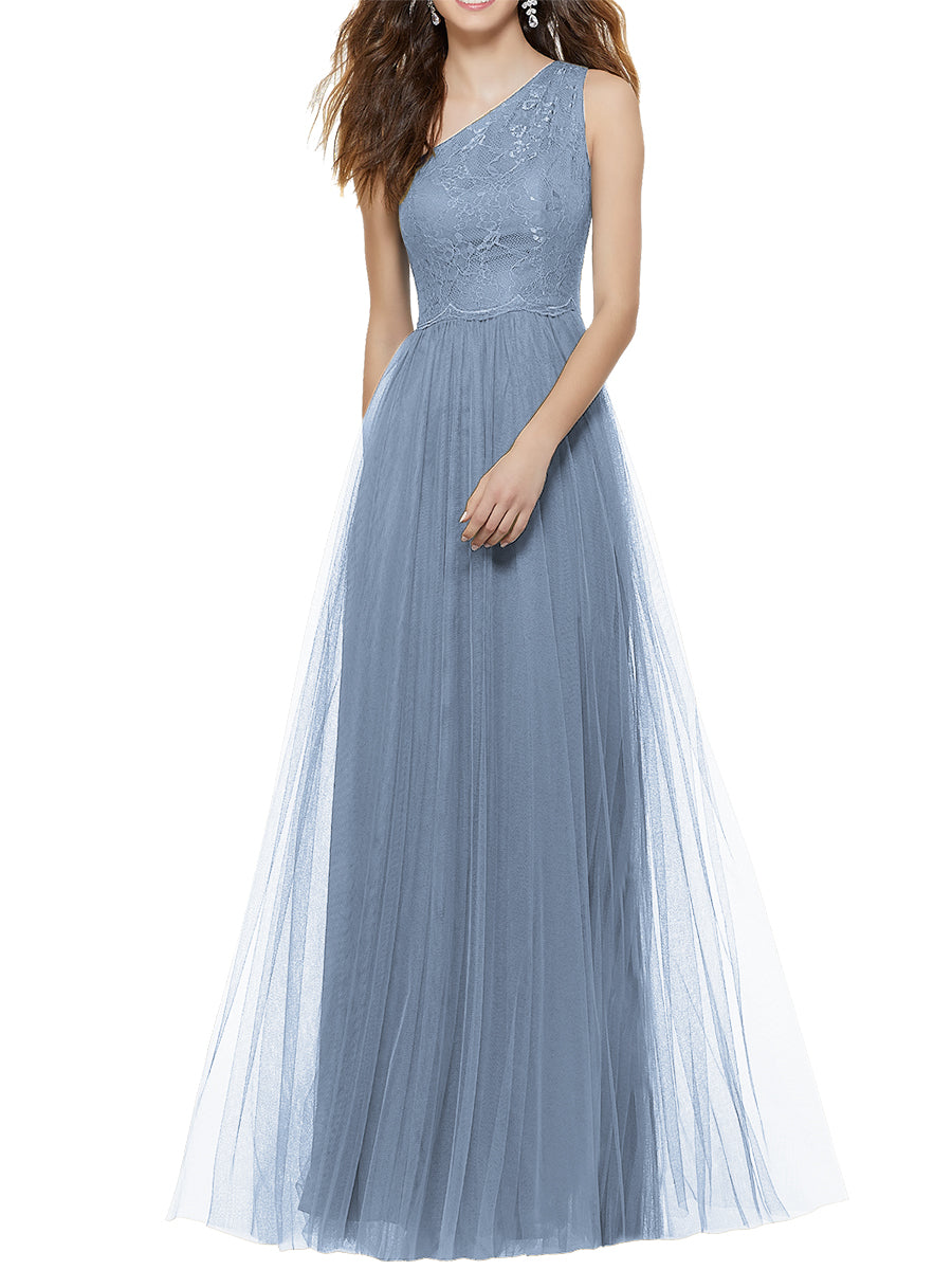 Lace Column One Shoulder Sleeveless Bridesmaid Dress-MB53641