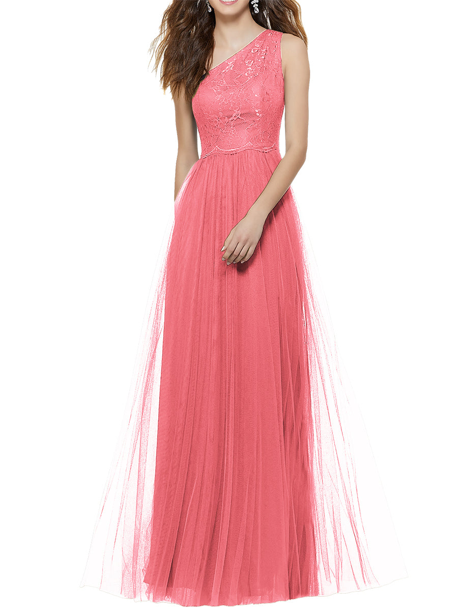 Lace Column One Shoulder Sleeveless Bridesmaid Dress-MB53641