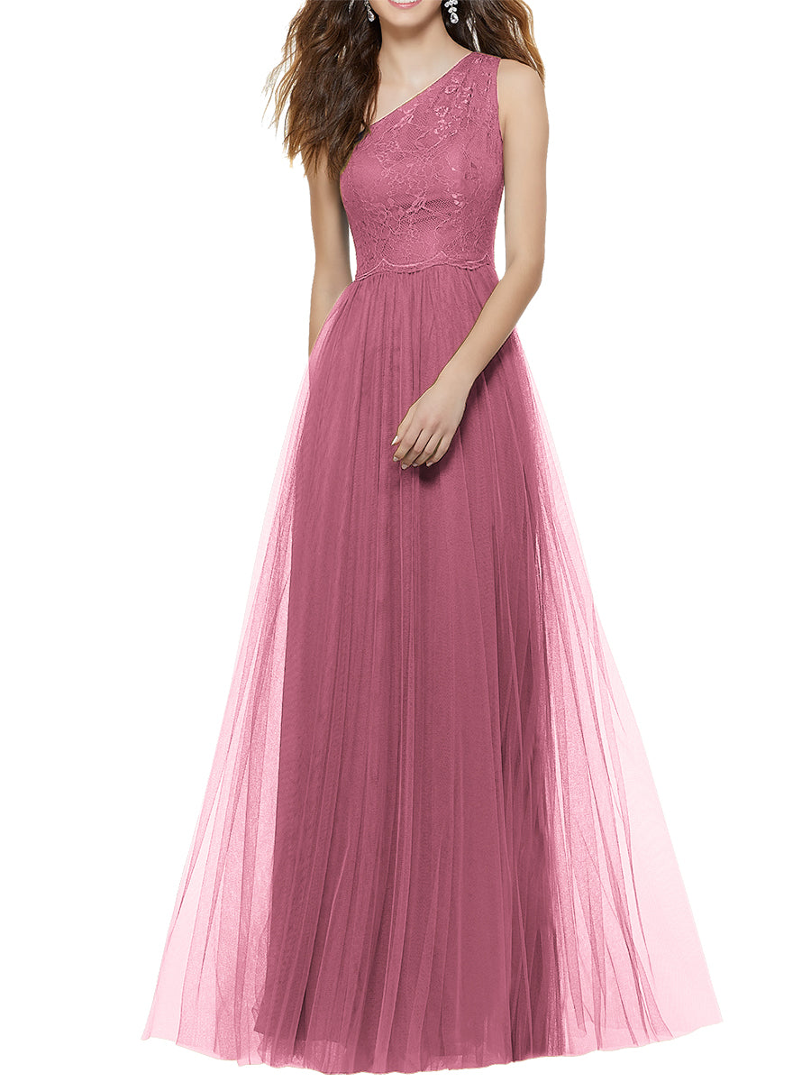 Lace Column One Shoulder Sleeveless Bridesmaid Dress-MB53641