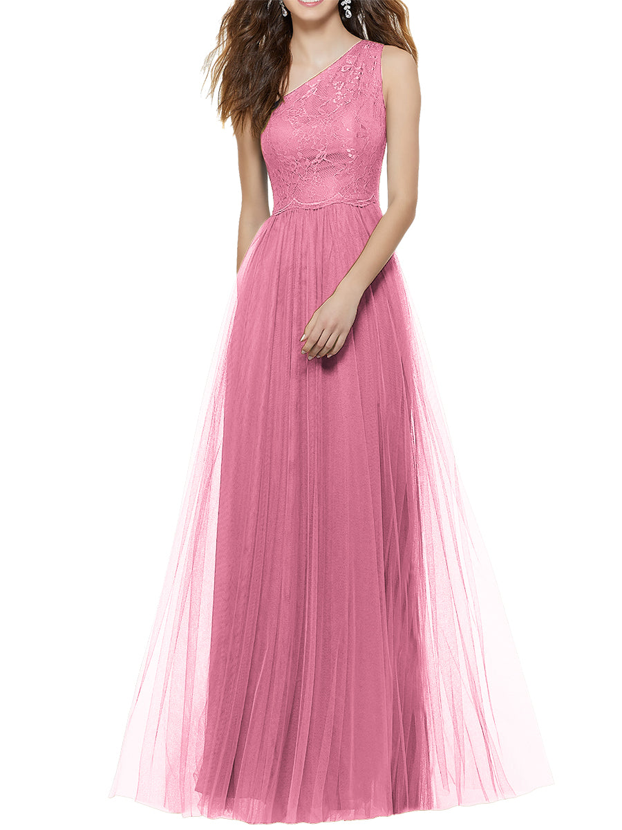 Lace Column One Shoulder Sleeveless Bridesmaid Dress-MB53641
