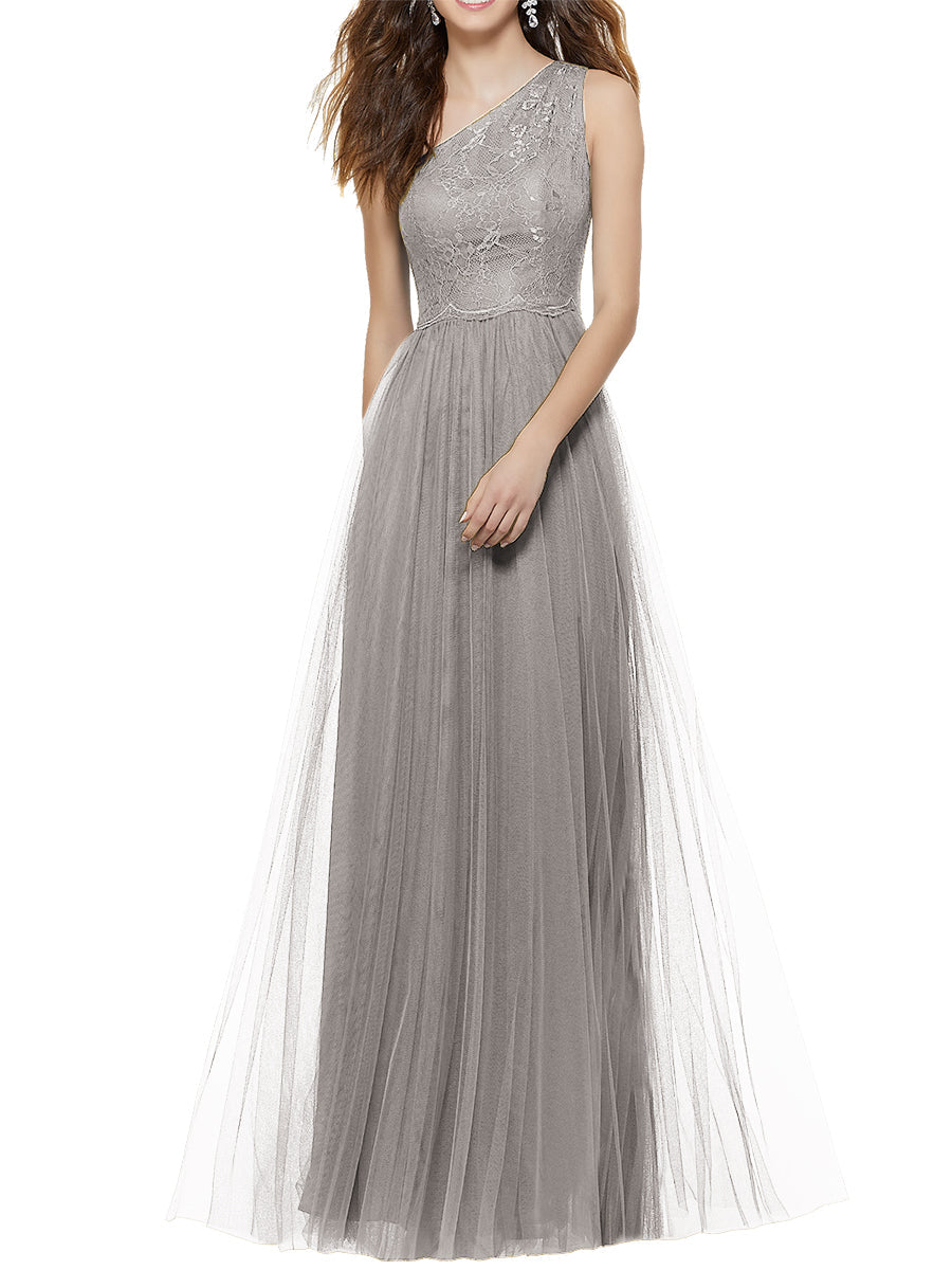 Lace Column One Shoulder Sleeveless Bridesmaid Dress-MB53641