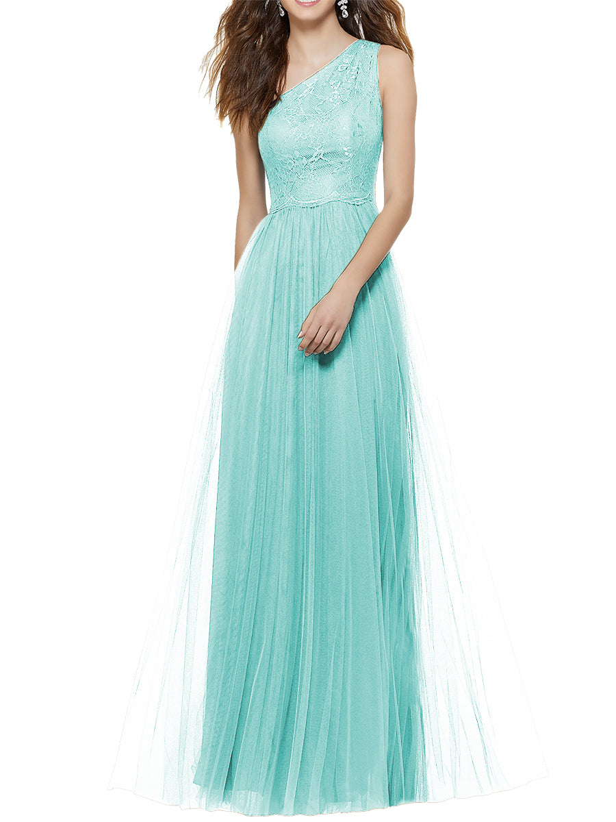 Lace Column One Shoulder Sleeveless Bridesmaid Dress-MB53641