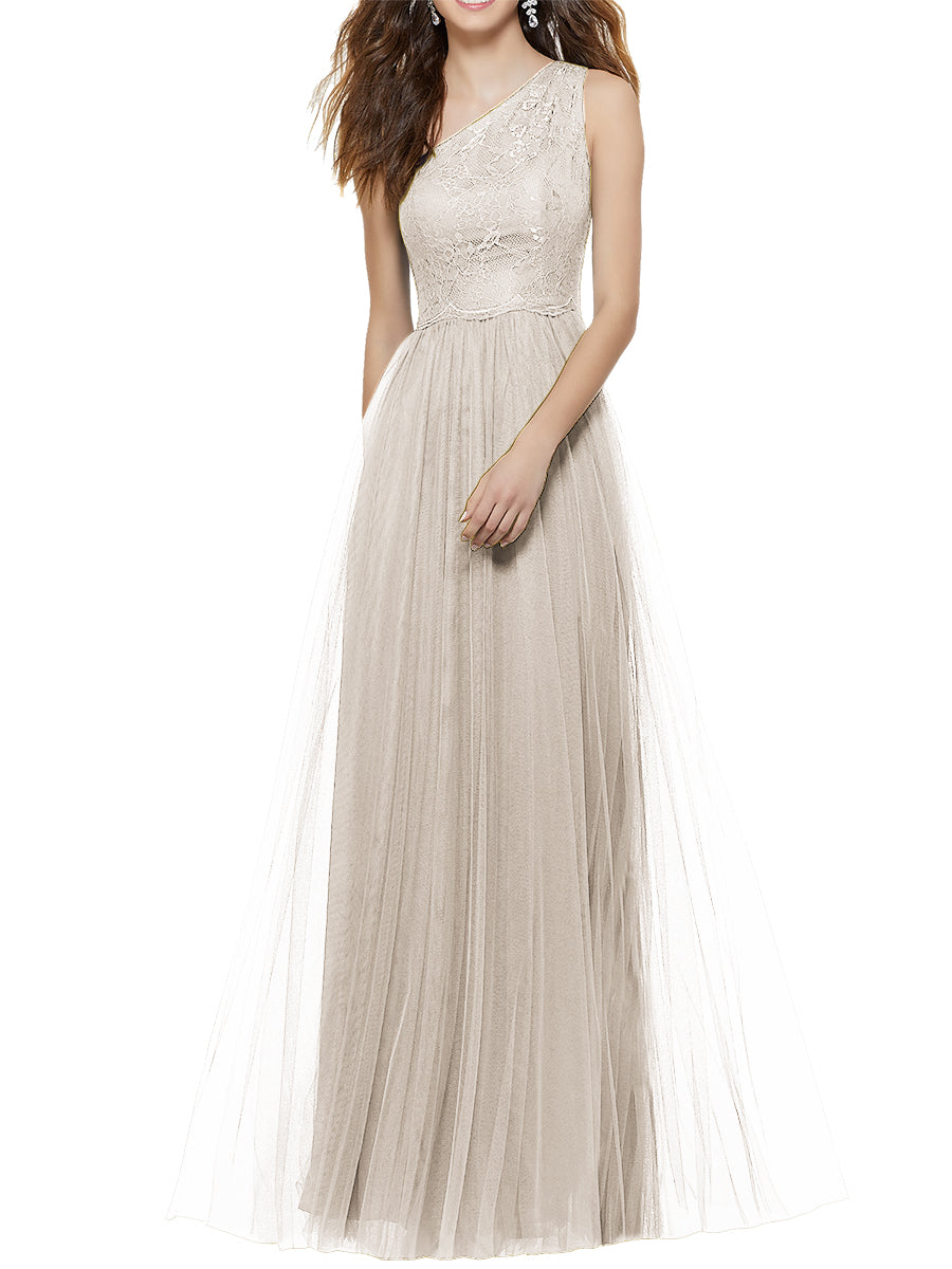 Lace Column One Shoulder Sleeveless Bridesmaid Dress-MB53641