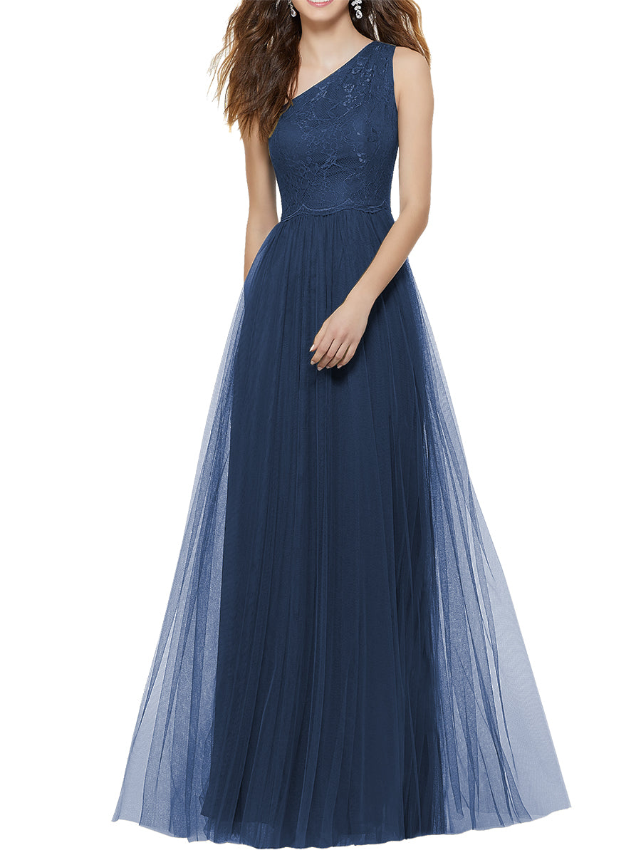 Lace Column One Shoulder Sleeveless Bridesmaid Dress-MB53641