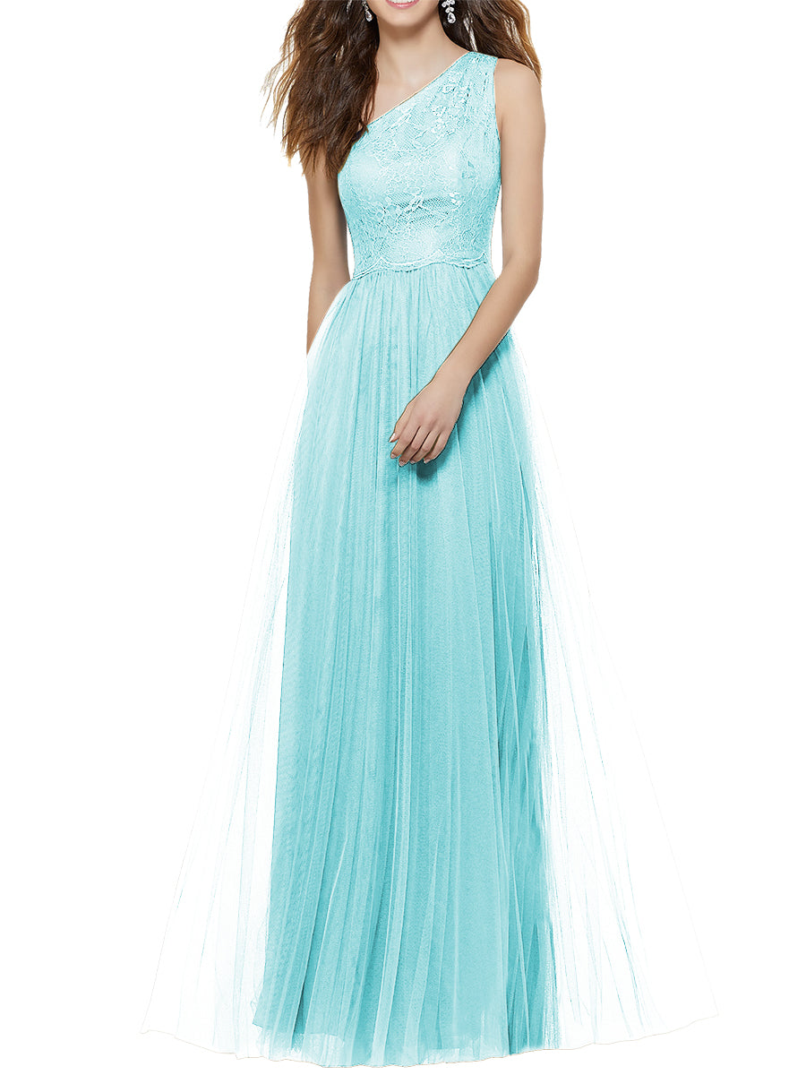Lace Column One Shoulder Sleeveless Bridesmaid Dress-MB53641