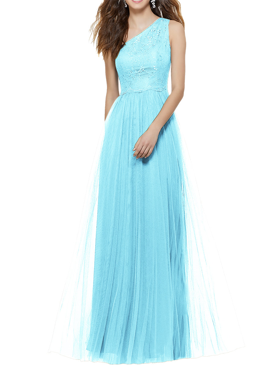 Lace Column One Shoulder Sleeveless Bridesmaid Dress-MB53641