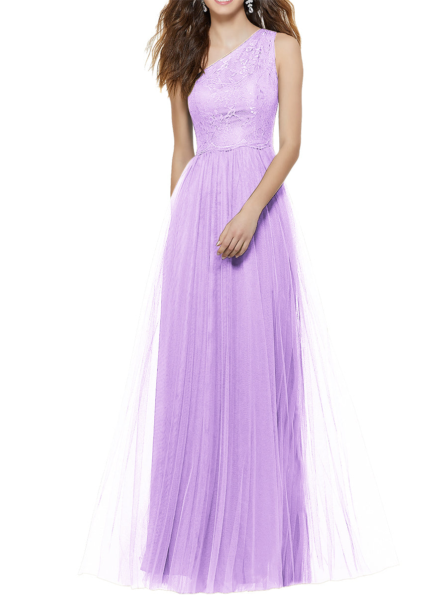 Lace Column One Shoulder Sleeveless Bridesmaid Dress-MB53641