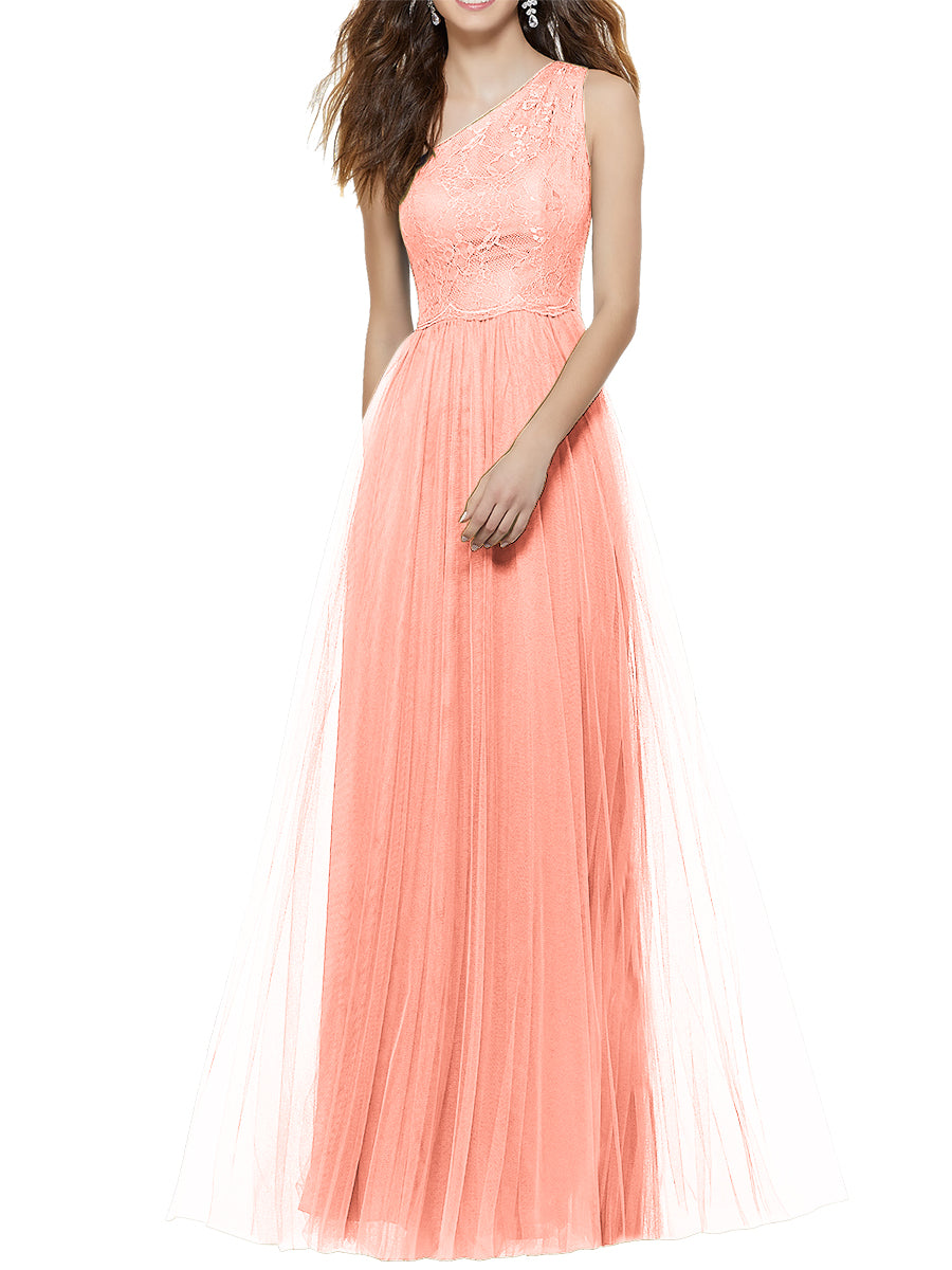 Lace Column One Shoulder Sleeveless Bridesmaid Dress-MB53641