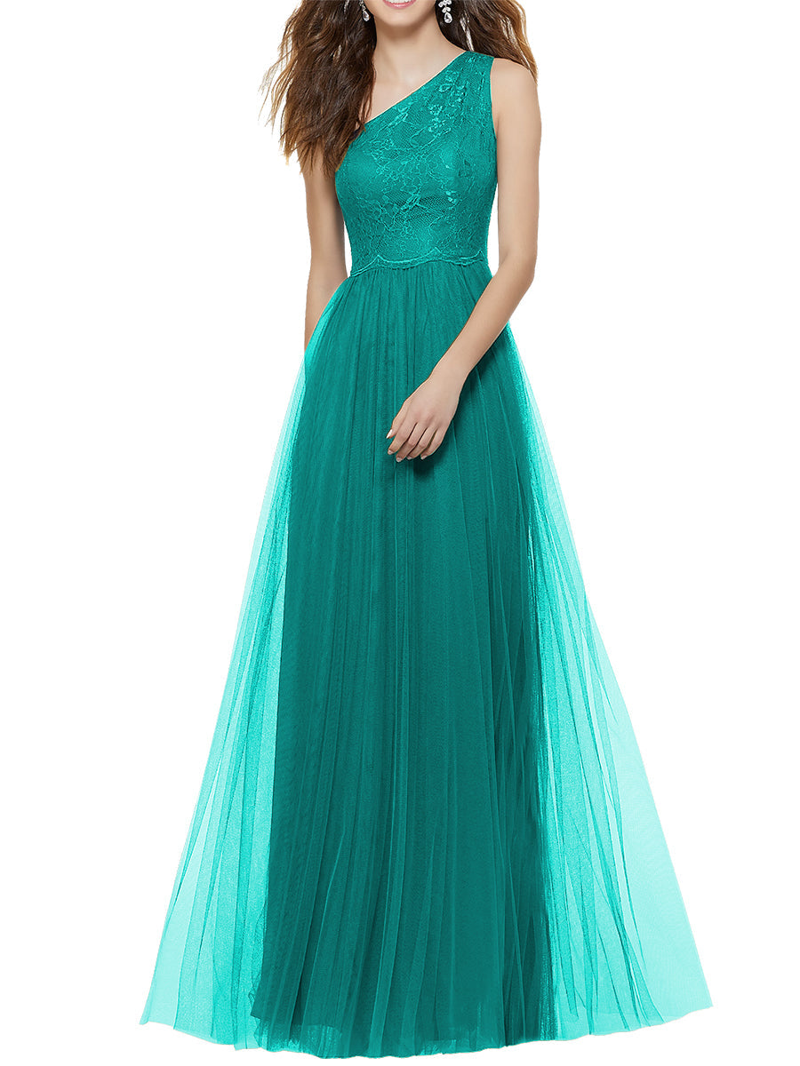 Lace Column One Shoulder Sleeveless Bridesmaid Dress-MB53641