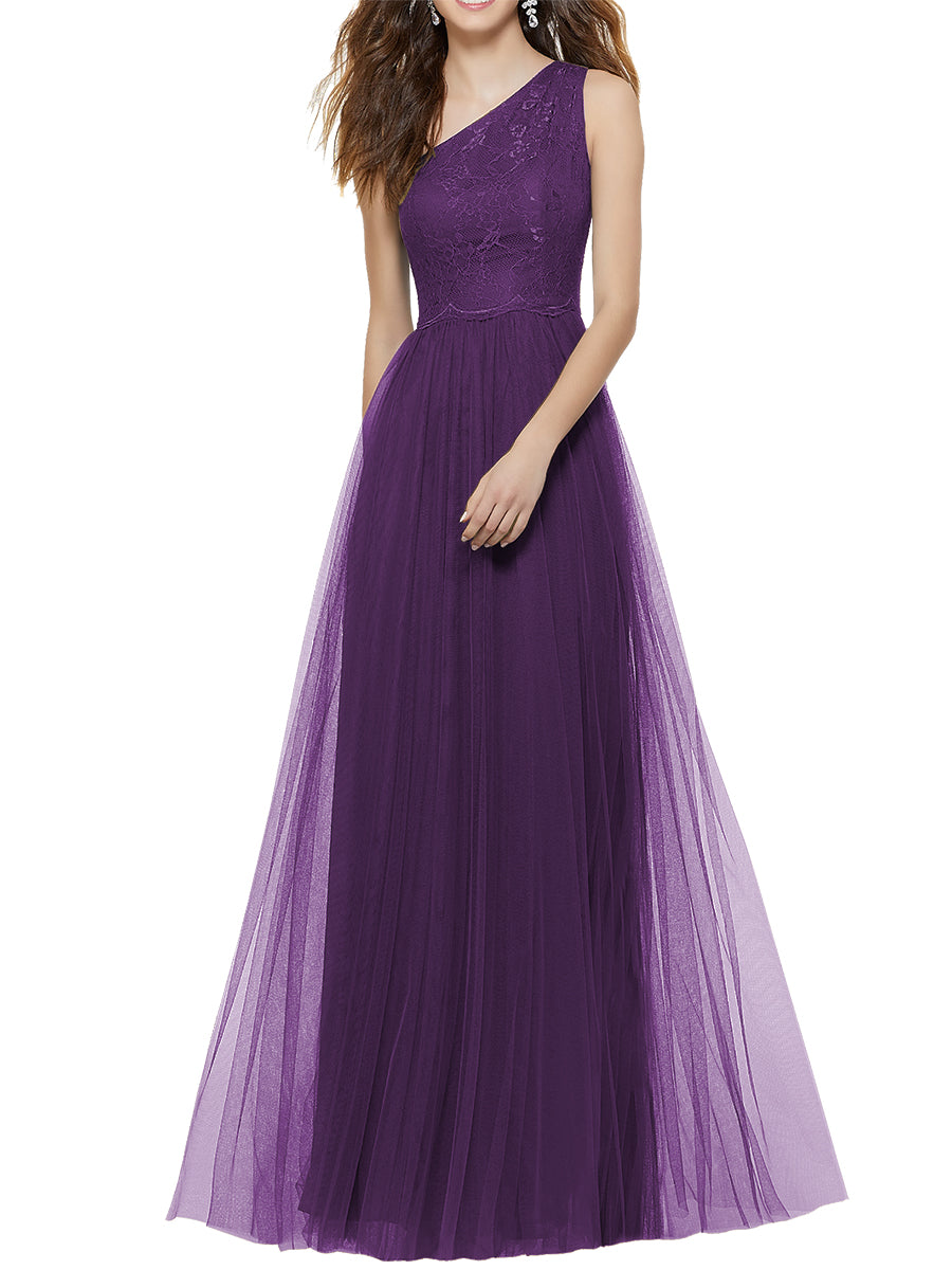 Lace Column One Shoulder Sleeveless Bridesmaid Dress-MB53641