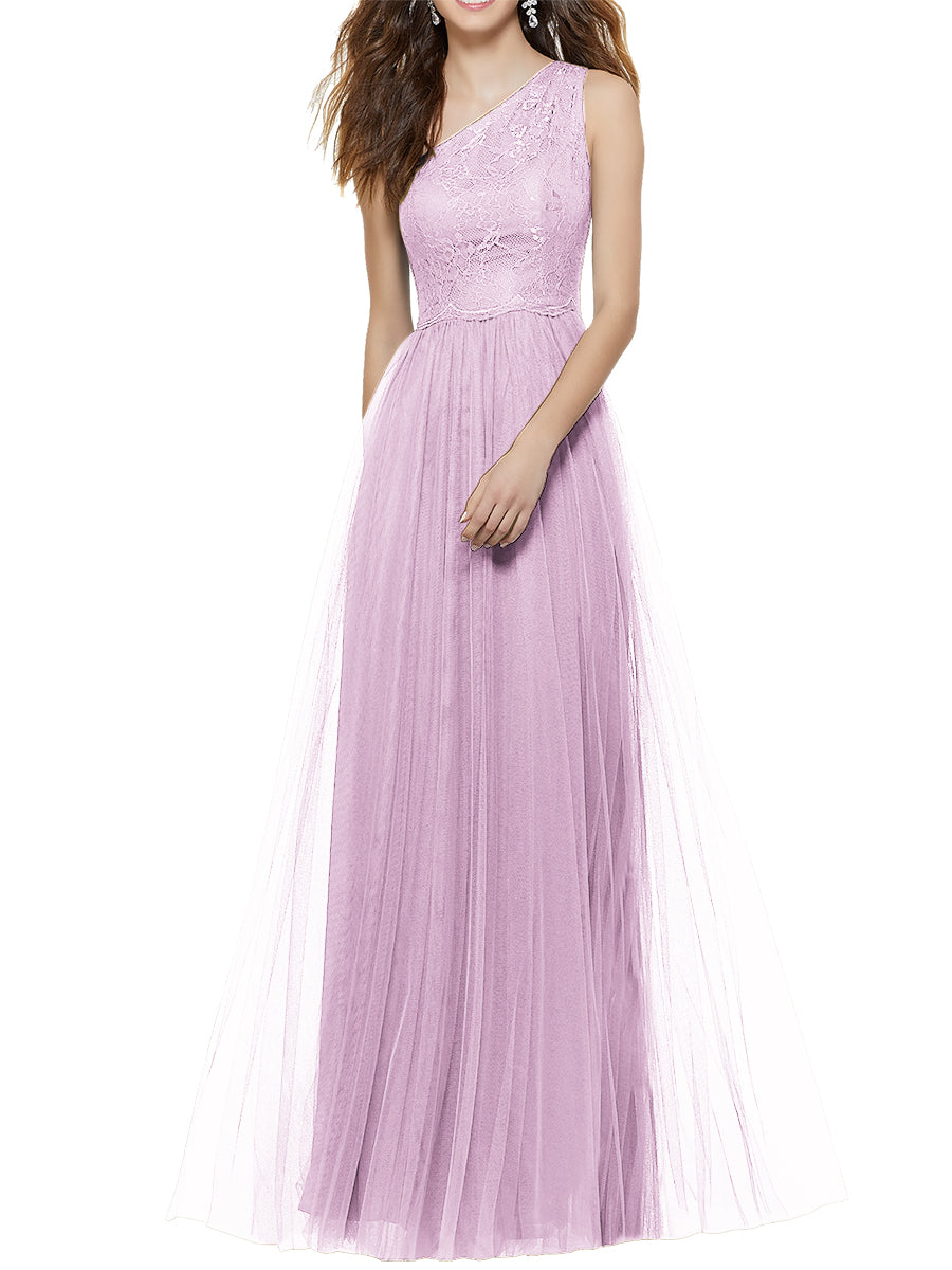Lace Column One Shoulder Sleeveless Bridesmaid Dress-MB53641