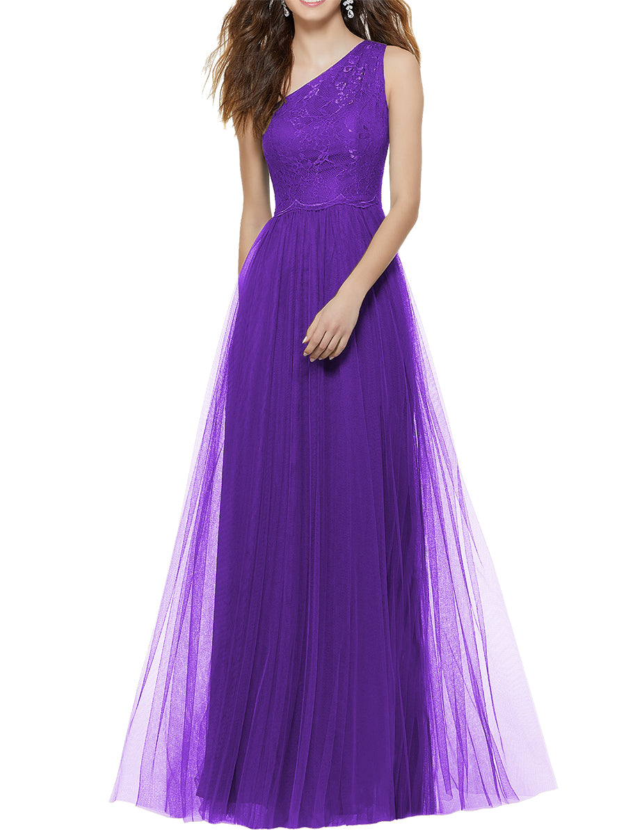 Lace Column One Shoulder Sleeveless Bridesmaid Dress-MB53641
