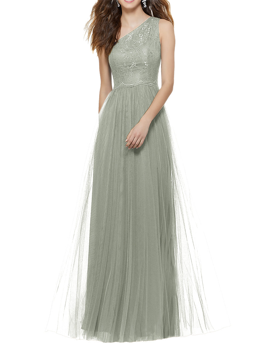 Lace Column One Shoulder Sleeveless Bridesmaid Dress-MB53641