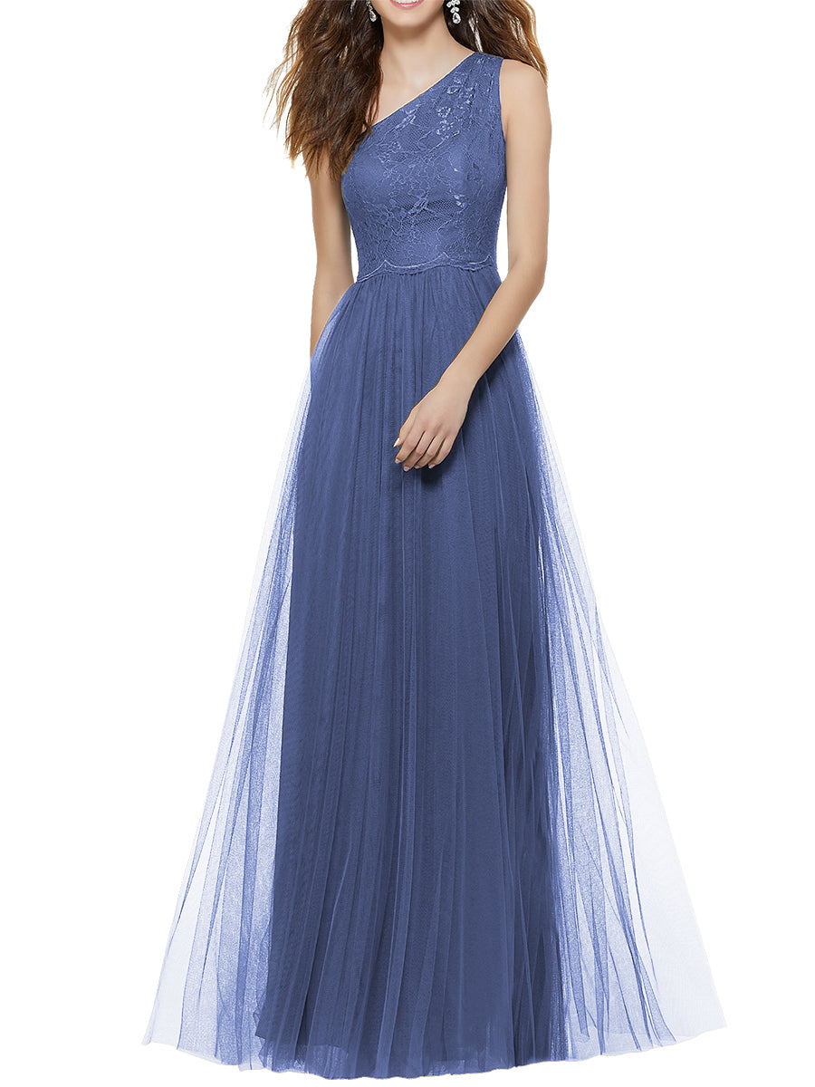 Lace Column One Shoulder Sleeveless Bridesmaid Dress-MB53641