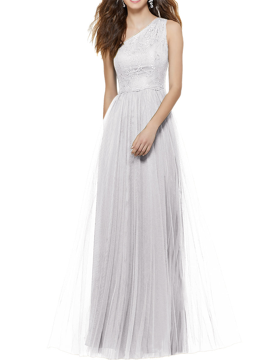 Lace Column One Shoulder Sleeveless Bridesmaid Dress-MB53641