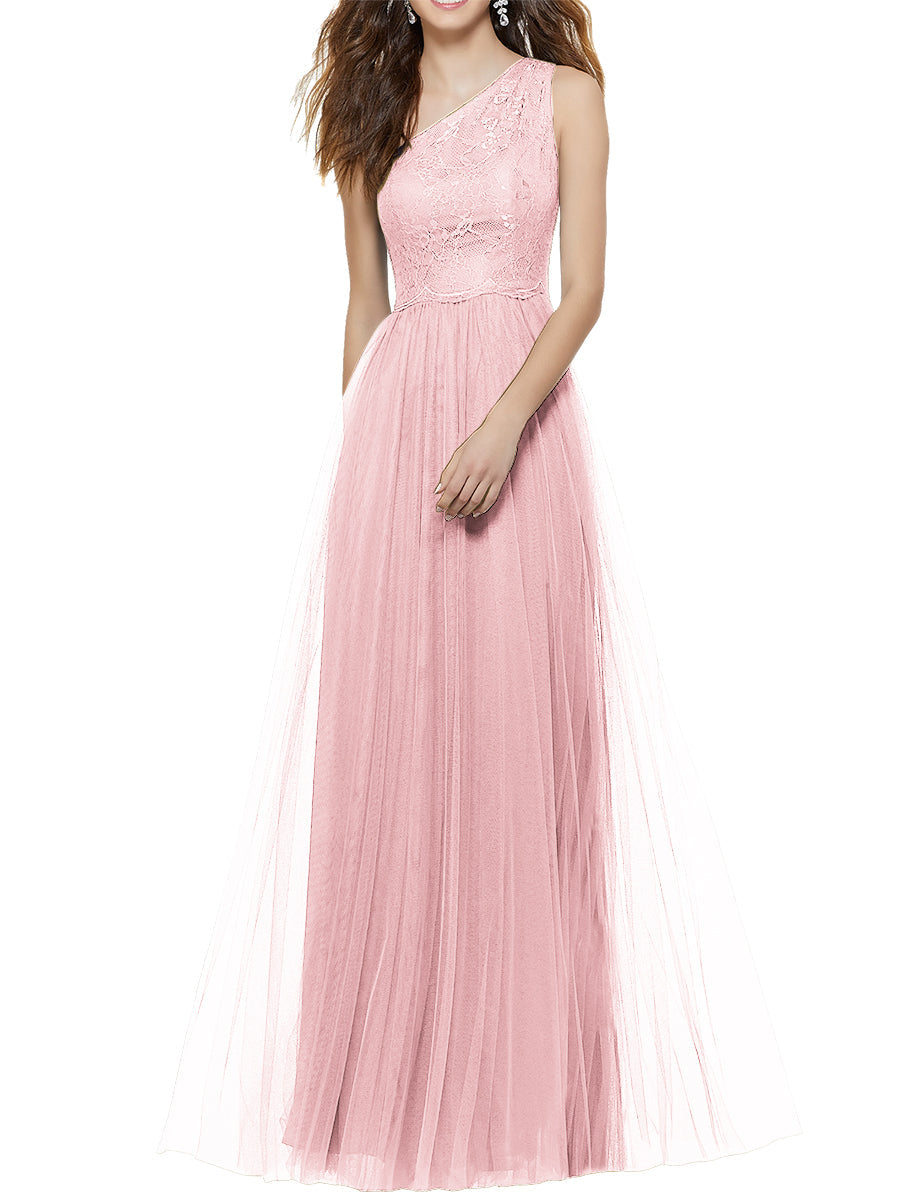Lace Column One Shoulder Sleeveless Bridesmaid Dress-MB53641