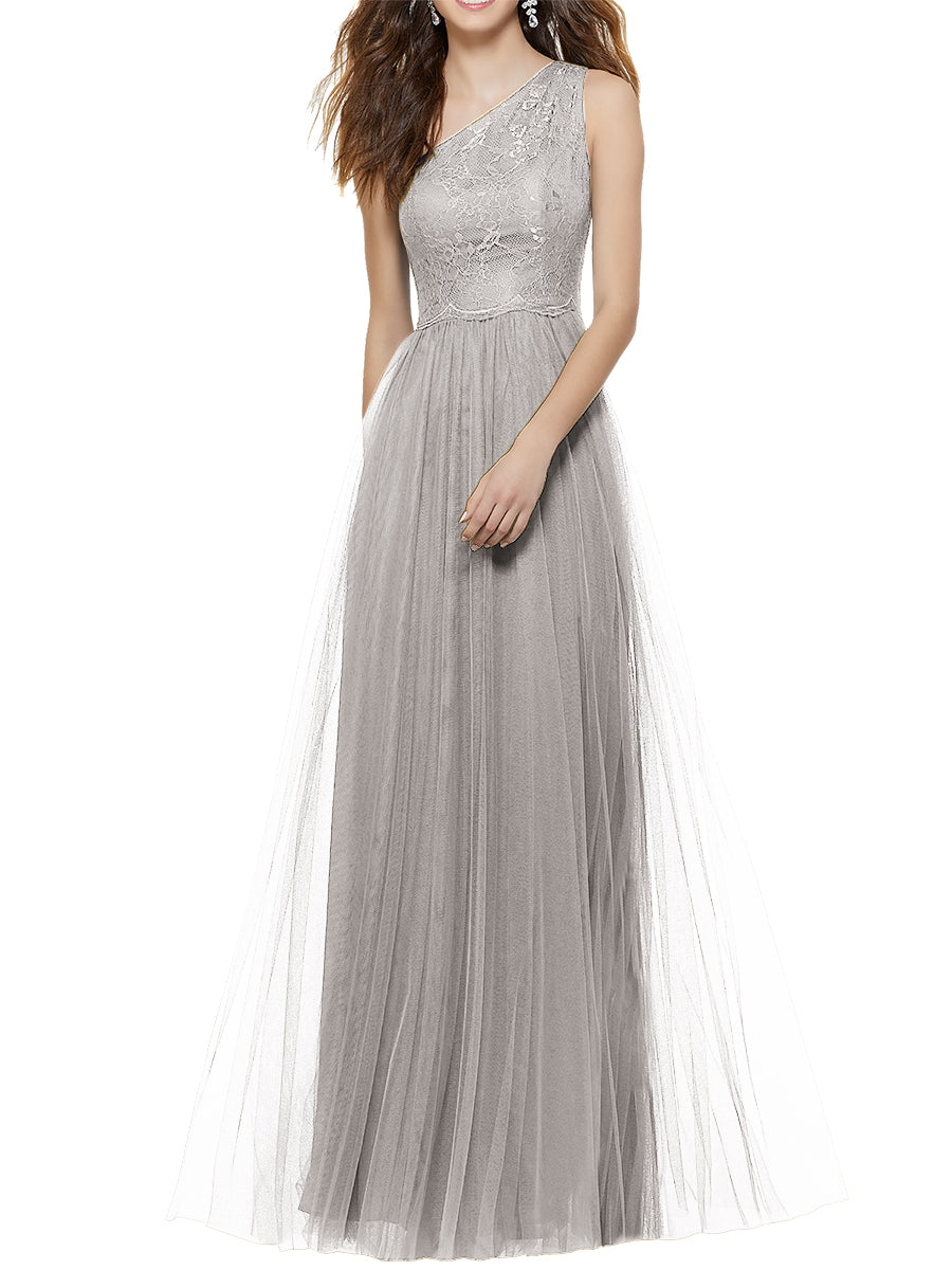 Lace Column One Shoulder Sleeveless Bridesmaid Dress-MB53641