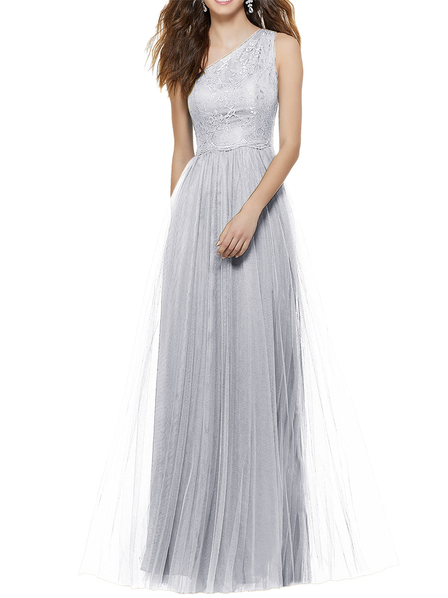 Lace Column One Shoulder Sleeveless Bridesmaid Dress-MB53641